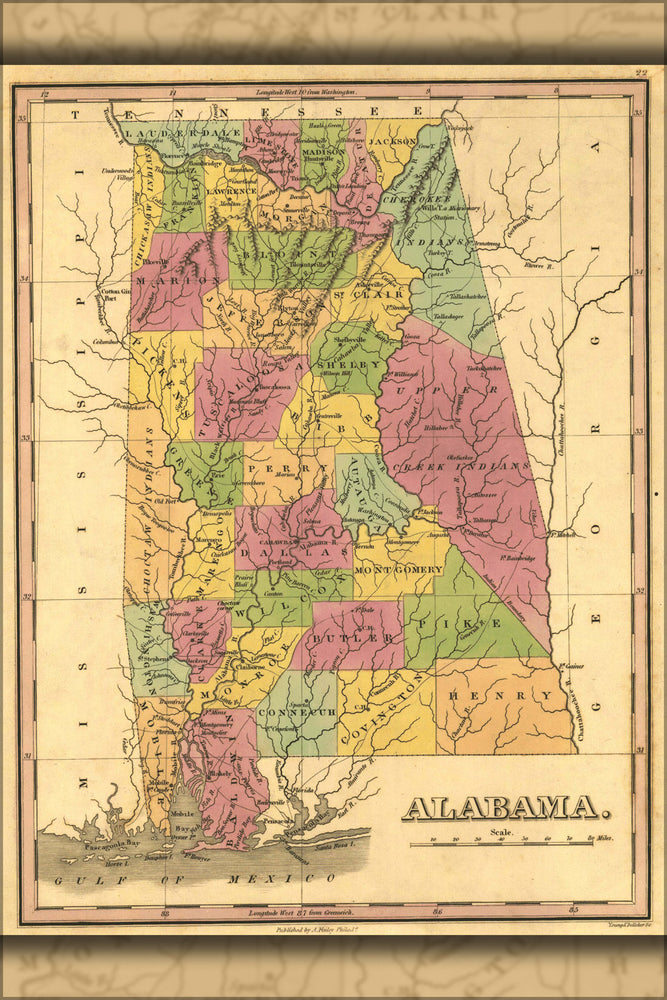 24"x36" Gallery Poster, 1823 Map of Alabama counties