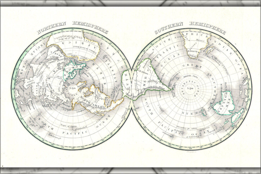 24"x36" Gallery Poster, 1838 Bradford Map of the World on Polar Projection ( Northern and Southern Hemispheres )