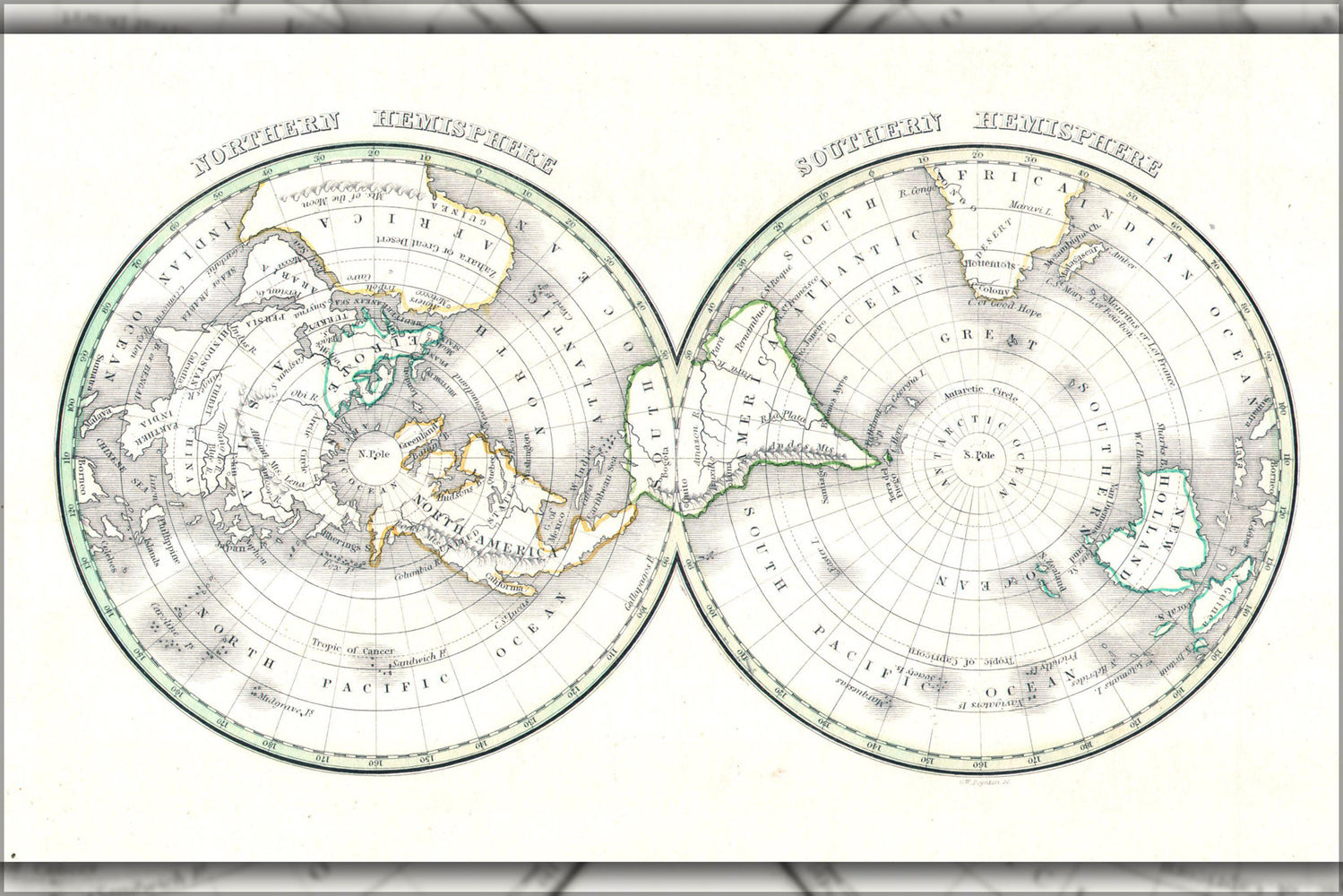 24"x36" Gallery Poster, 1838 Bradford Map of the World on Polar Projection ( Northern and Southern Hemispheres )