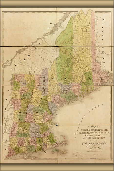 24"x36" Gallery Poster, 1839 map of Maine Massachusetts & Connecticut