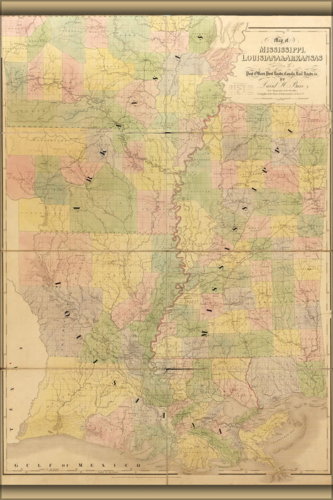 24"x36" Gallery Poster, 1839 map of Mississippi, Louisiana, Arkansas