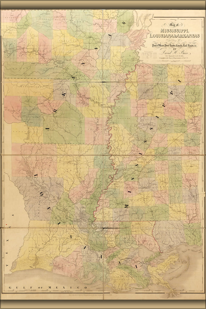 24"x36" Gallery Poster, 1839 map of Mississippi, Louisiana, Arkansas