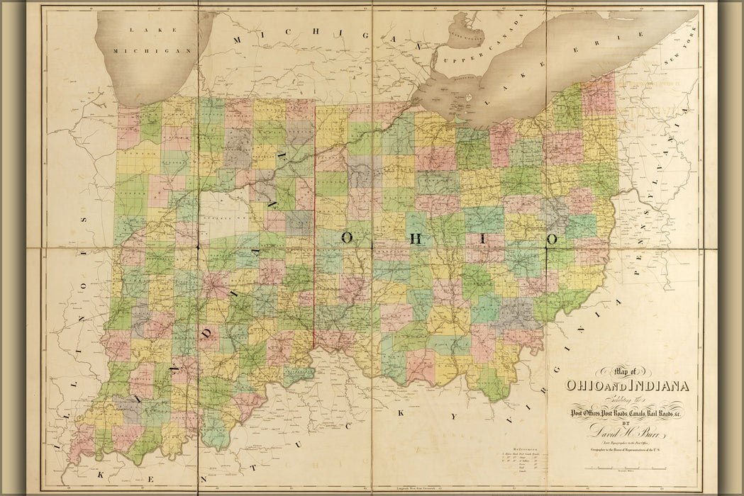 24"x36" Gallery Poster, 1839 map of indiana and ohio