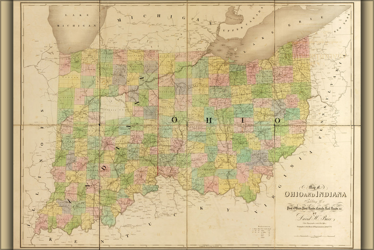24"x36" Gallery Poster, 1839 map of indiana and ohio