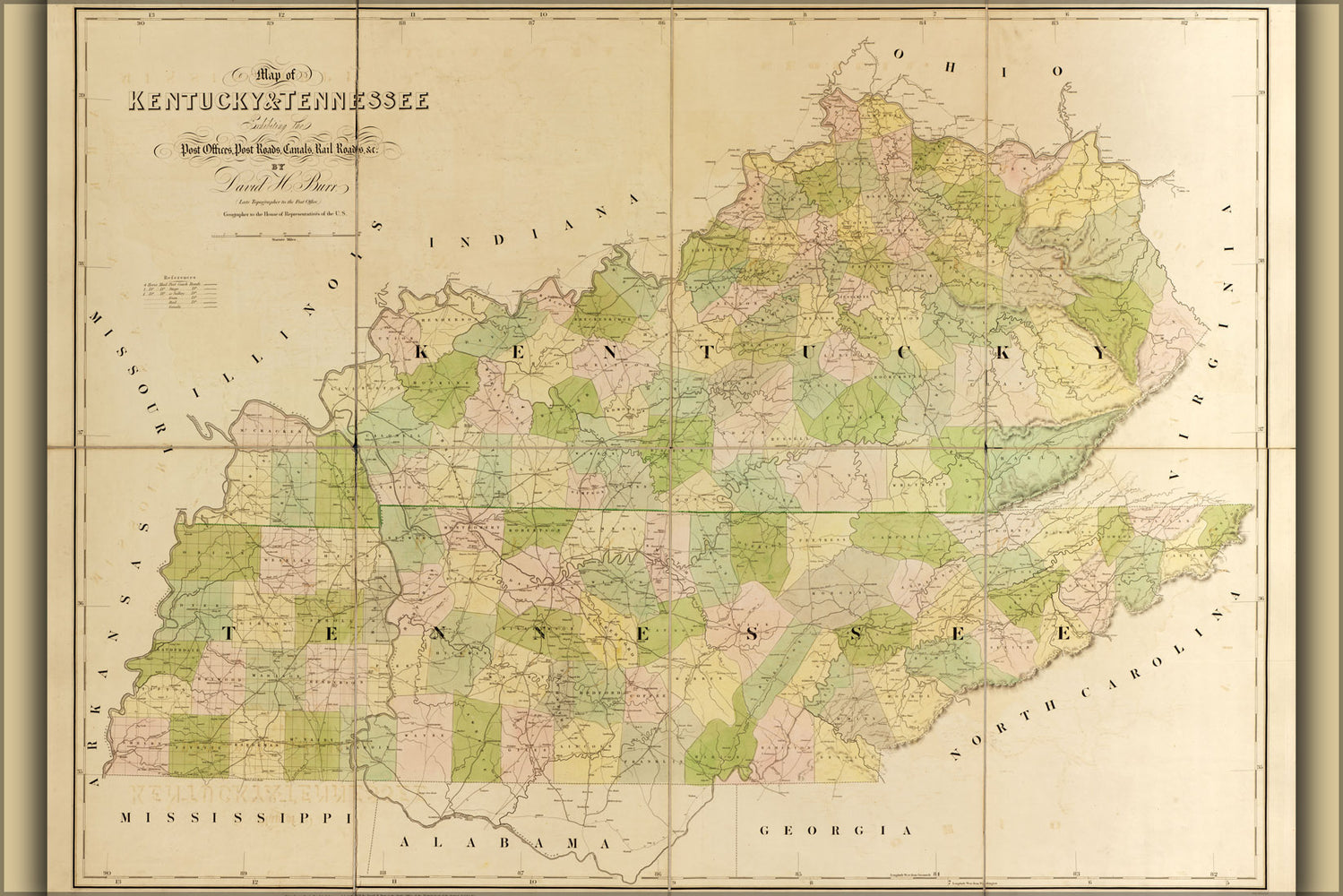 24"x36" Gallery Poster, 1839 map of kentucky and tennessee