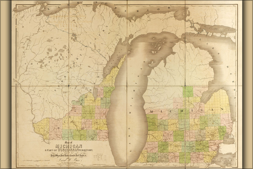 24"x36" Gallery Poster, 1839 map of michigan and wisconsin