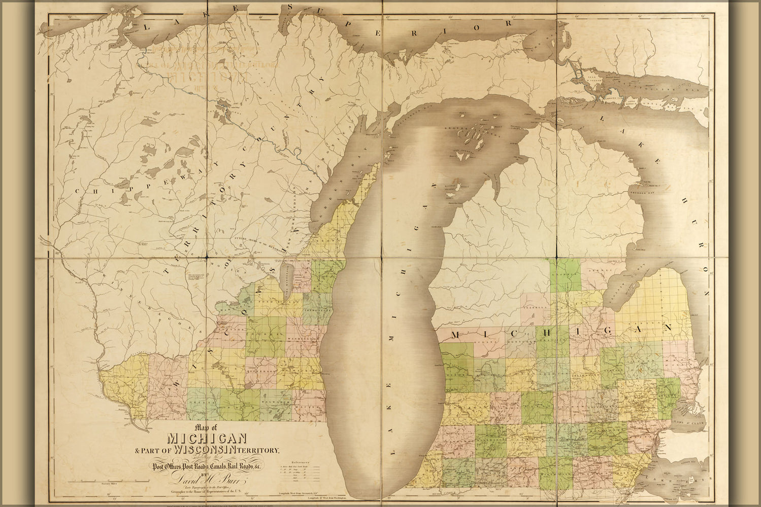 24"x36" Gallery Poster, 1839 map of michigan and wisconsin