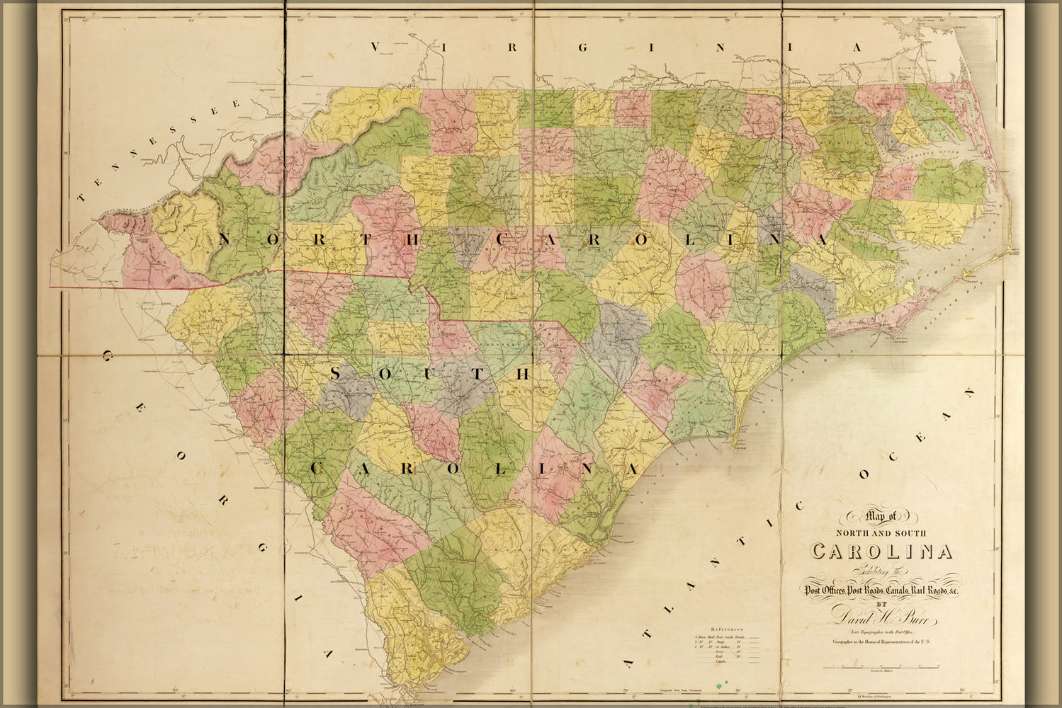 24"x36" Gallery Poster, 1839 map of north and south carolina