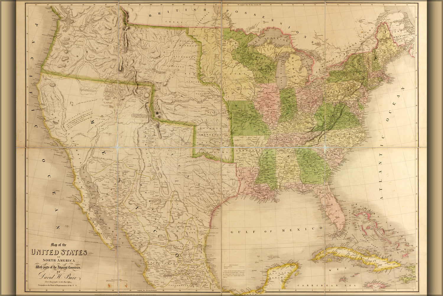 24"x36" Gallery Poster, 1839 map of the united states of america