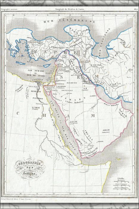 24"x36" Gallery Poster, 1843 Malte Brun Map of the Biblical Lands of the Hebrews (Egypt, Arabia, Israel, Turkey)