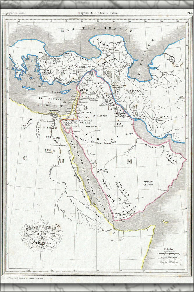 24"x36" Gallery Poster, 1843 Malte Brun Map of the Biblical Lands of the Hebrews (Egypt, Arabia, Israel, Turkey)