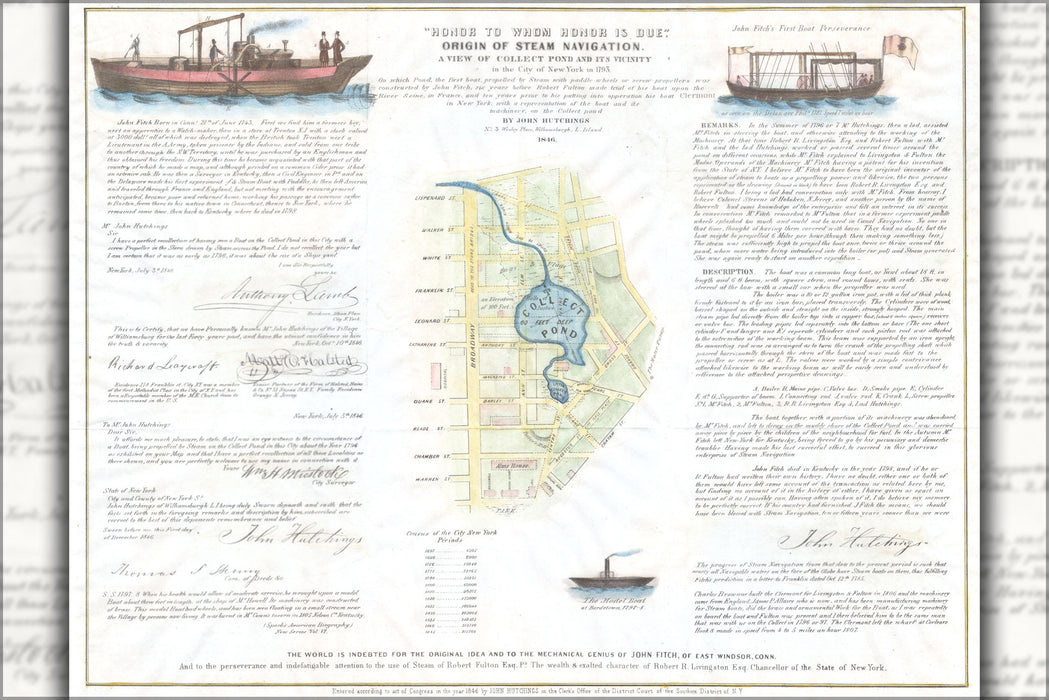24"x36" Gallery Poster, 1846 Broadside of the Collect Pond, New York and Steam Boat ( Five Points )