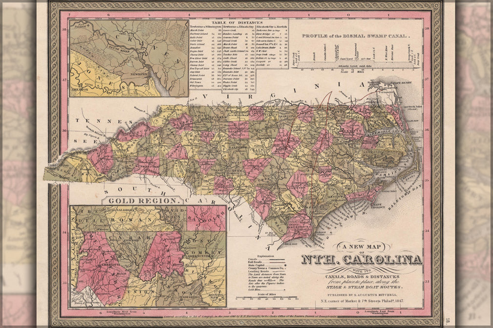 24"x36" Gallery Poster, 1847 Map of North Carolina showing the gold region of the state, 1847