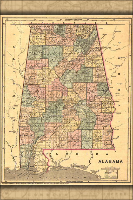 24"x36" Gallery Poster, 1848 Map of Alabama counties