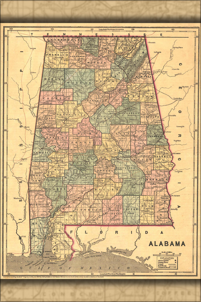 24"x36" Gallery Poster, 1848 Map of Alabama counties