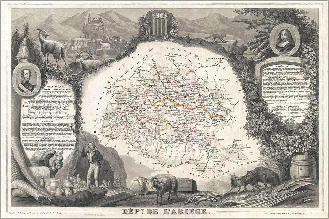24"x36" Gallery Poster, 1852 Levasseur Map of the Department Ariege, France (Bethmale, Bamalous, Moulis and Rogallai cheese