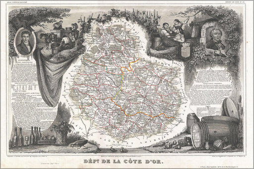 24"x36" Gallery Poster, 1852 Levasseur Map of the Department Cote D'Or, France (Burgundy or Bourgogne Wine Region)