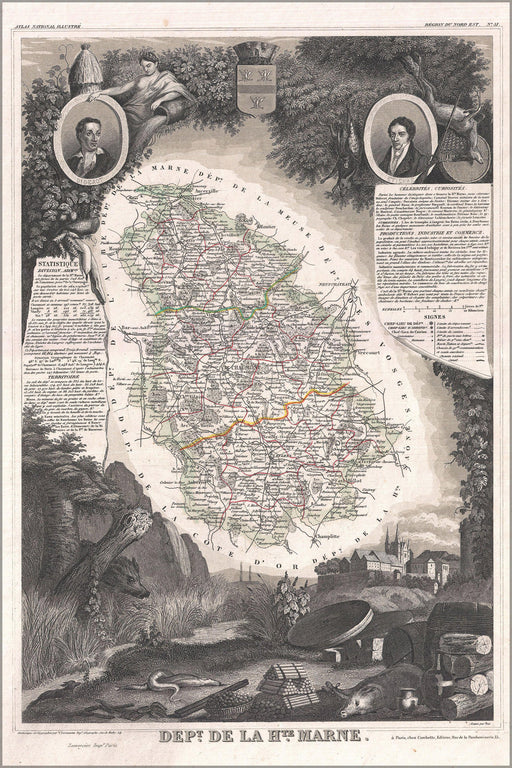 24"x36" Gallery Poster, 1852 Levasseur Map of the Department De La Haute Marne, France (Champagne Wine Region)
