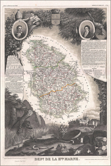 24"x36" Gallery Poster, 1852 Levasseur Map of the Department De La Haute Marne, France (Champagne Wine Region)
