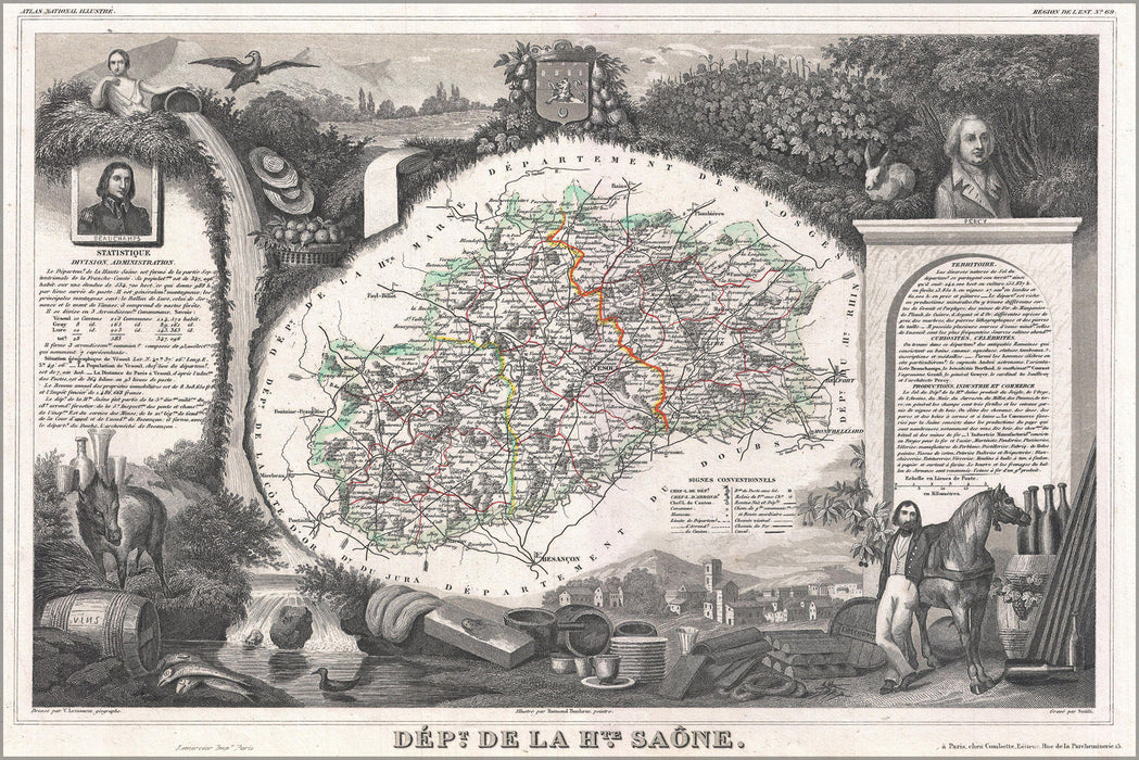 24"x36" Gallery Poster, 1852 Levasseur Map of the Department De La Haute Saone, France (Burgundy or Bourgogne Wine Region)