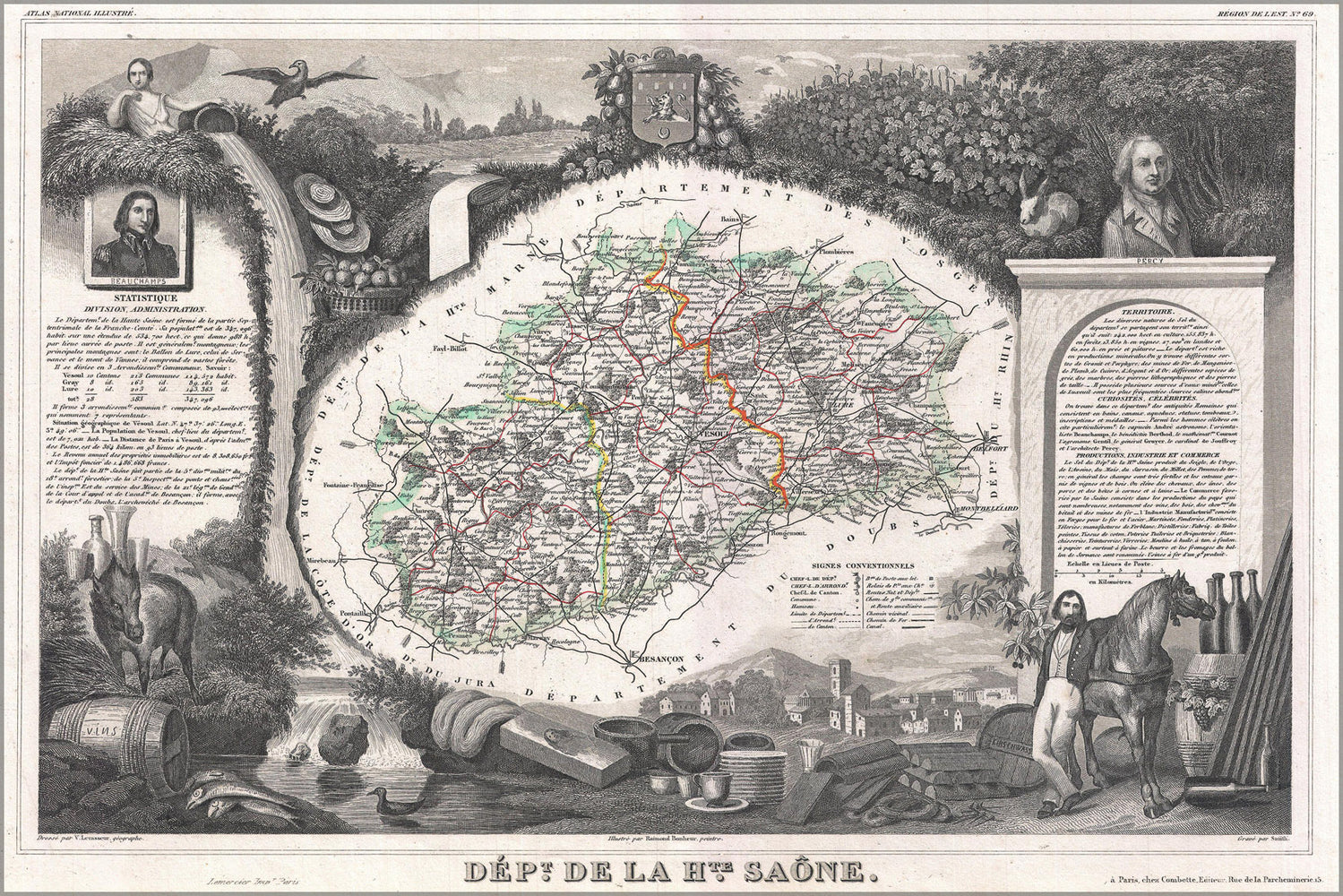 24"x36" Gallery Poster, 1852 Levasseur Map of the Department De La Haute Saone, France (Burgundy or Bourgogne Wine Region)