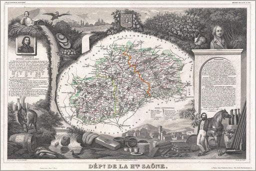24"x36" Gallery Poster, 1852 Levasseur Map of the Department De La Haute Saone, France (Burgundy or Bourgogne Wine Region)