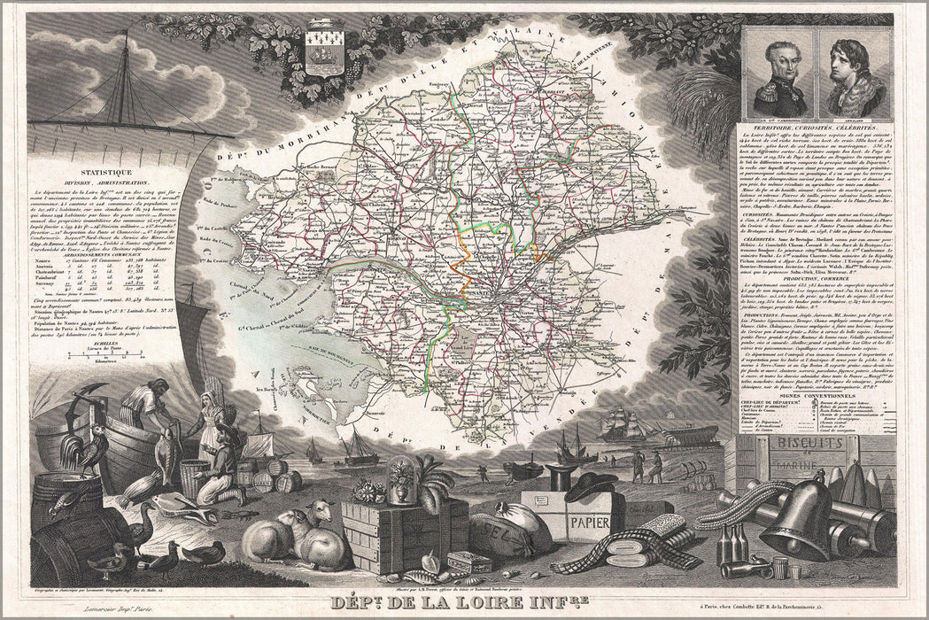 24"x36" Gallery Poster, 1852 Levasseur Map of the Department De La Loire Inferieure, France (Muscadet Wine Region)