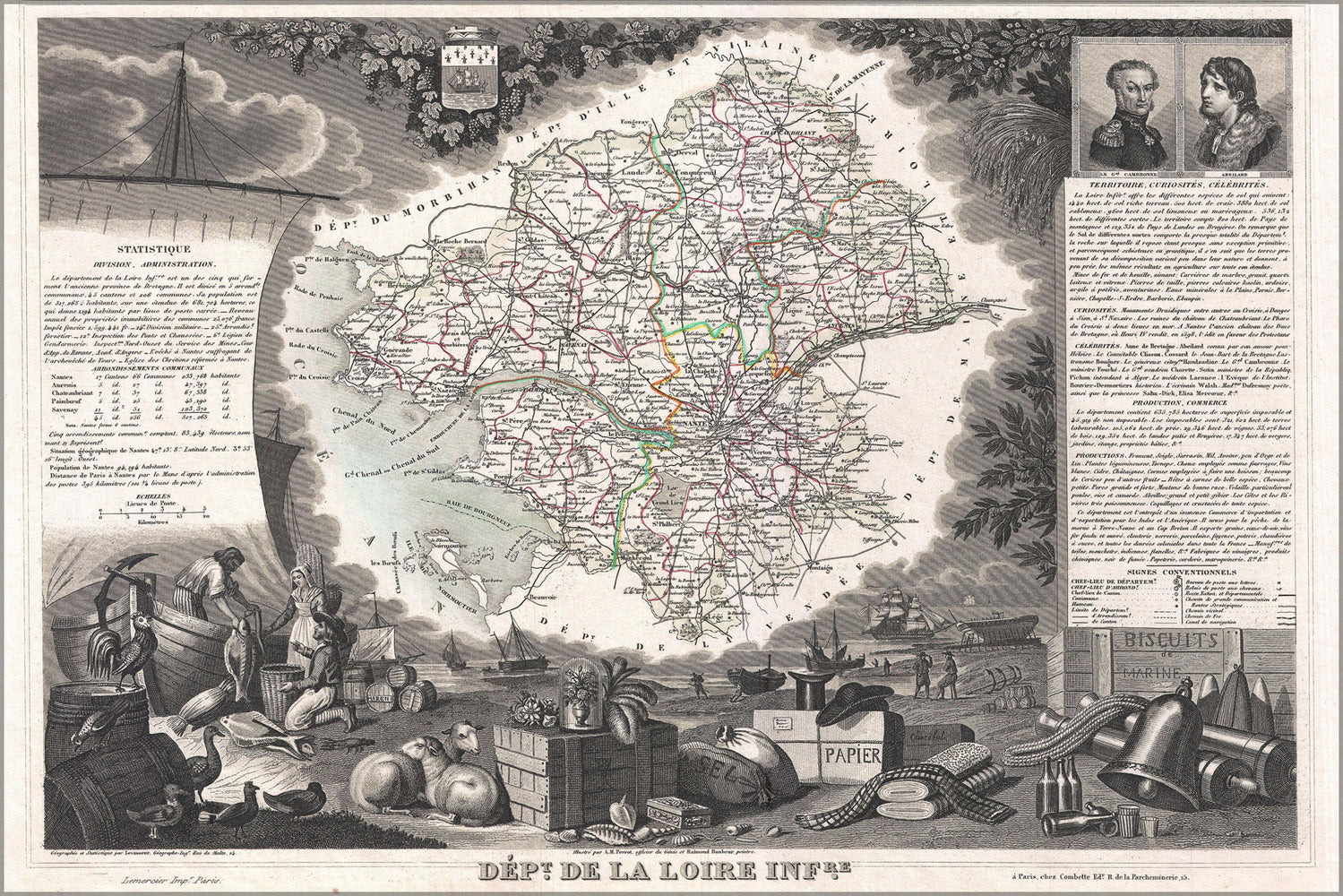 24"x36" Gallery Poster, 1852 Levasseur Map of the Department De La Loire Inferieure, France (Muscadet Wine Region)