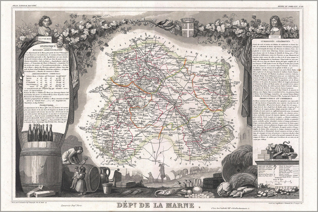 24"x36" Gallery Poster, 1852 Levasseur Map of the Department De La Marne, France (Champagne Wine Region)