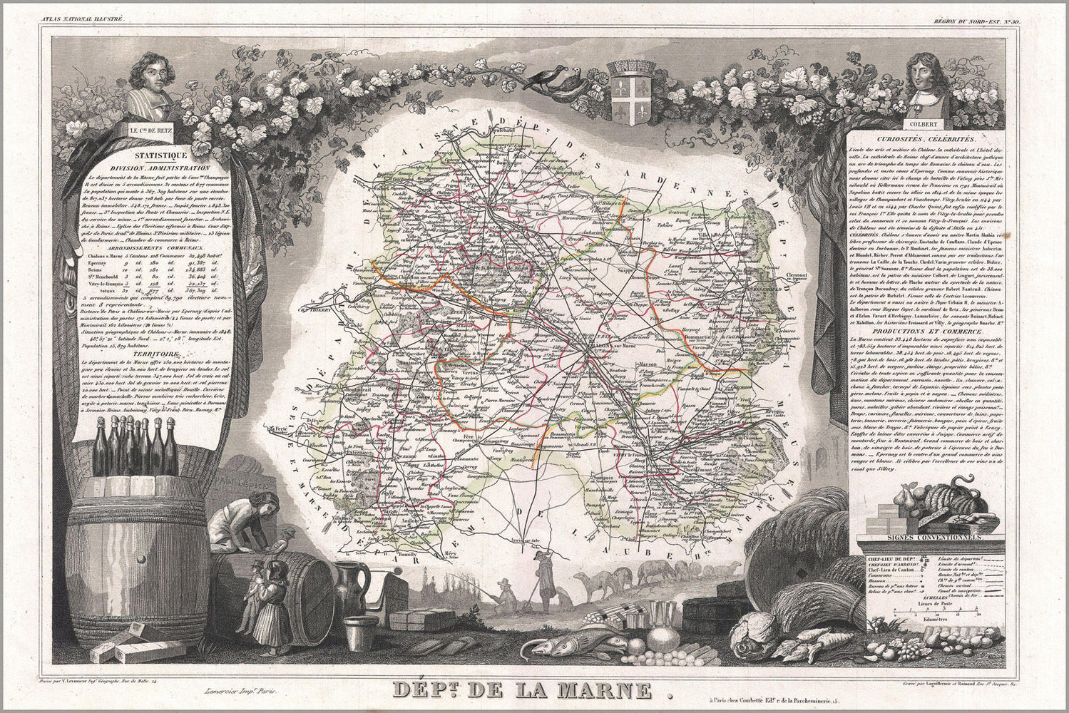 24"x36" Gallery Poster, 1852 Levasseur Map of the Department De La Marne, France (Champagne Wine Region)