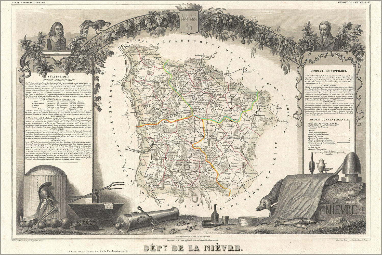 24"x36" Gallery Poster, 1852 Levasseur Map of the Department De La Nievre, France (Burgundy or Bourgogne Wine Region)