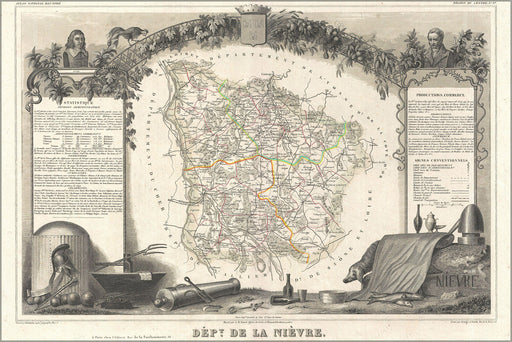 24"x36" Gallery Poster, 1852 Levasseur Map of the Department De La Nievre, France (Burgundy or Bourgogne Wine Region)