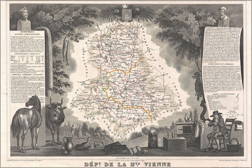 24"x36" Gallery Poster, 1852 Levasseur Map of the Department De Le Haute Vienne, France (Limoge Porcelain Region)