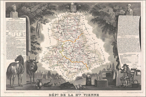 24"x36" Gallery Poster, 1852 Levasseur Map of the Department De Le Haute Vienne, France (Limoge Porcelain Region)