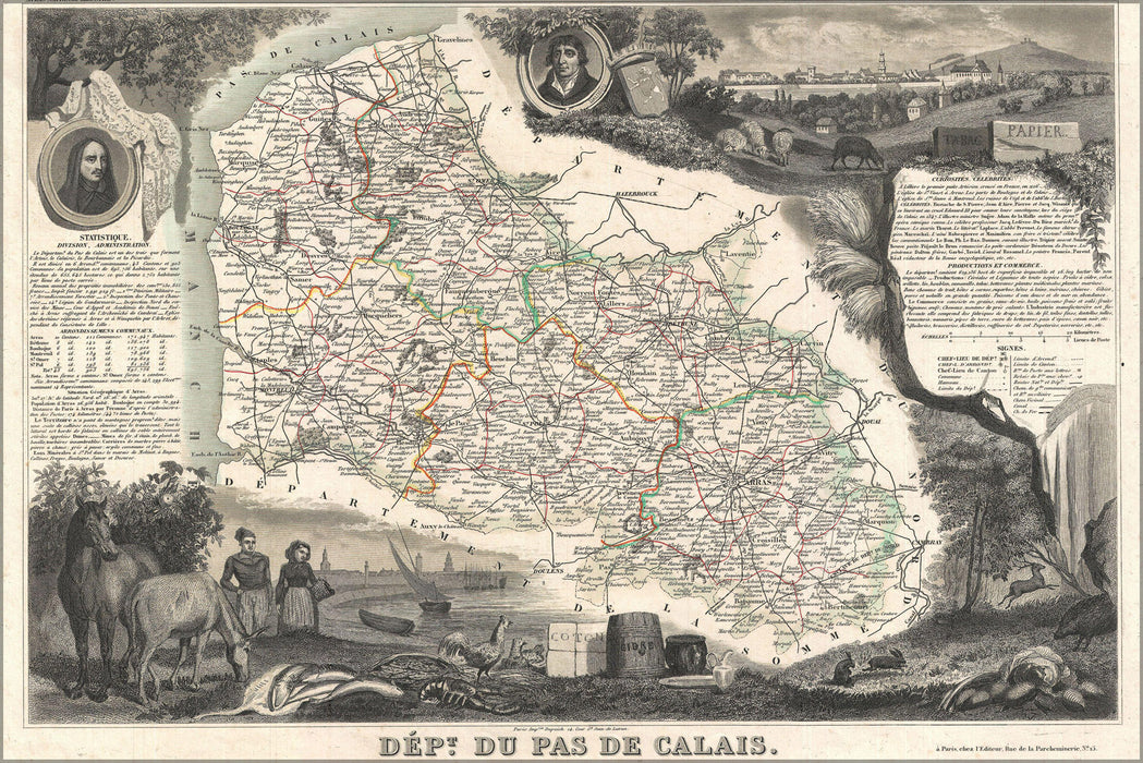 24"x36" Gallery Poster, 1852 Levasseur Map of the Department De Pas de Calais, France (Maroilles Cheese Region)