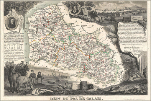 24"x36" Gallery Poster, 1852 Levasseur Map of the Department De Pas de Calais, France (Maroilles Cheese Region)