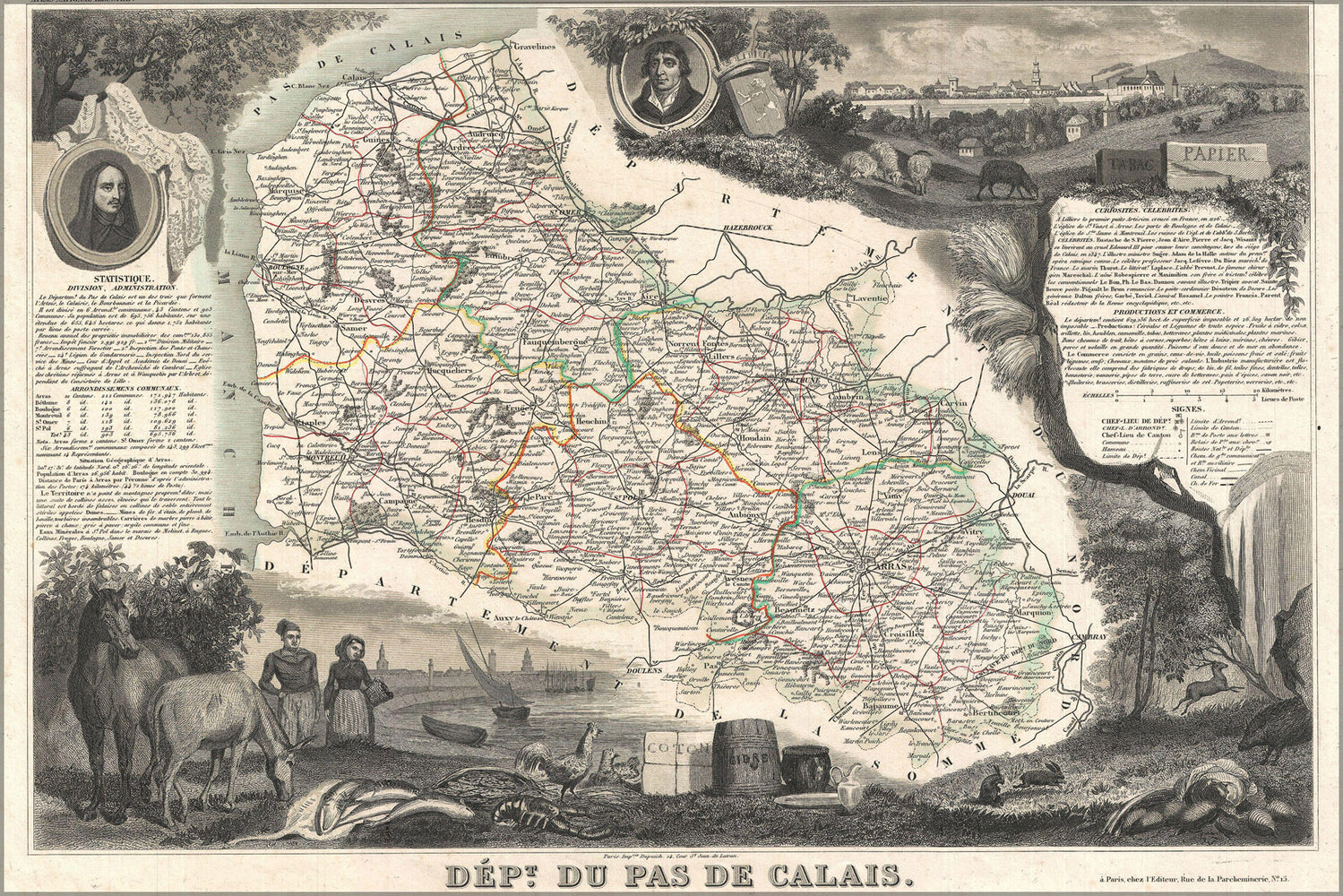 24"x36" Gallery Poster, 1852 Levasseur Map of the Department De Pas de Calais, France (Maroilles Cheese Region)