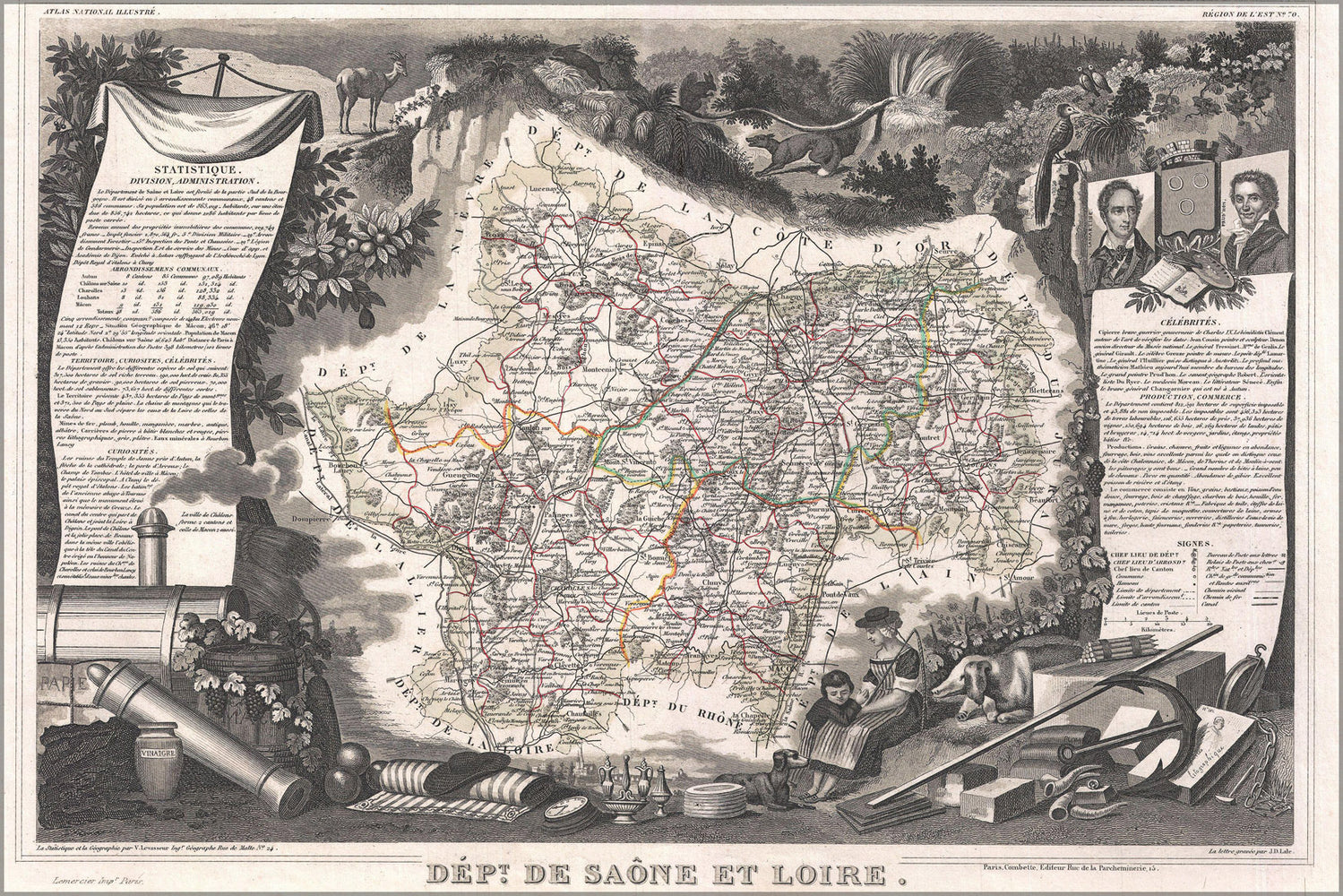 24"x36" Gallery Poster, 1852 Levasseur Map of the Department De Saone Et Loire, France (Burgundy or Bourgogne Wine Region)