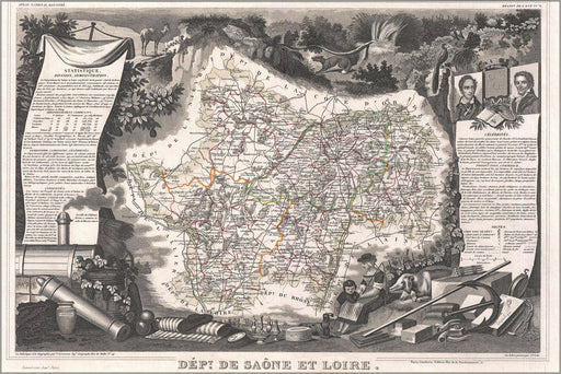 24"x36" Gallery Poster, 1852 Levasseur Map of the Department De Saone Et Loire, France (Burgundy or Bourgogne Wine Region)