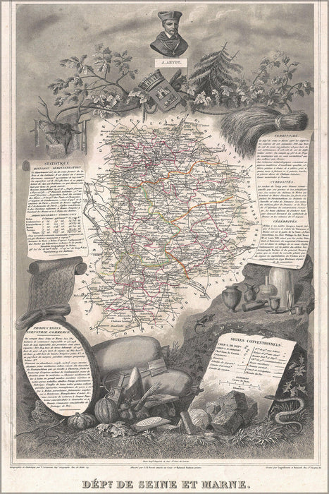24"x36" Gallery Poster, 1852 Levasseur Map of the Department De Seine et Marne, France (Fromage de Meaux Region)
