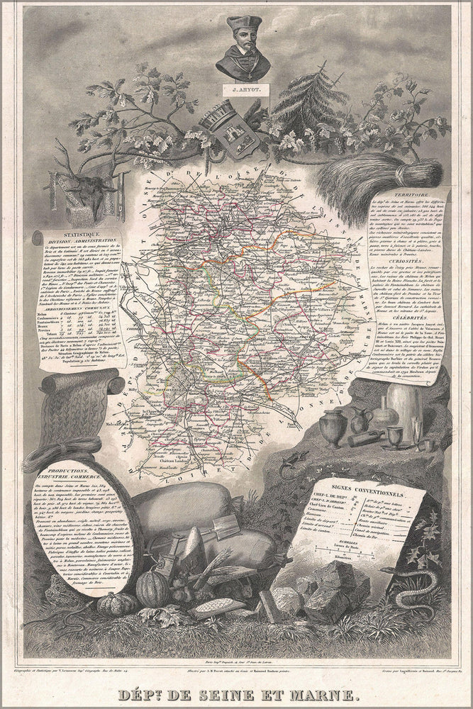 24"x36" Gallery Poster, 1852 Levasseur Map of the Department De Seine et Marne, France (Fromage de Meaux Region)