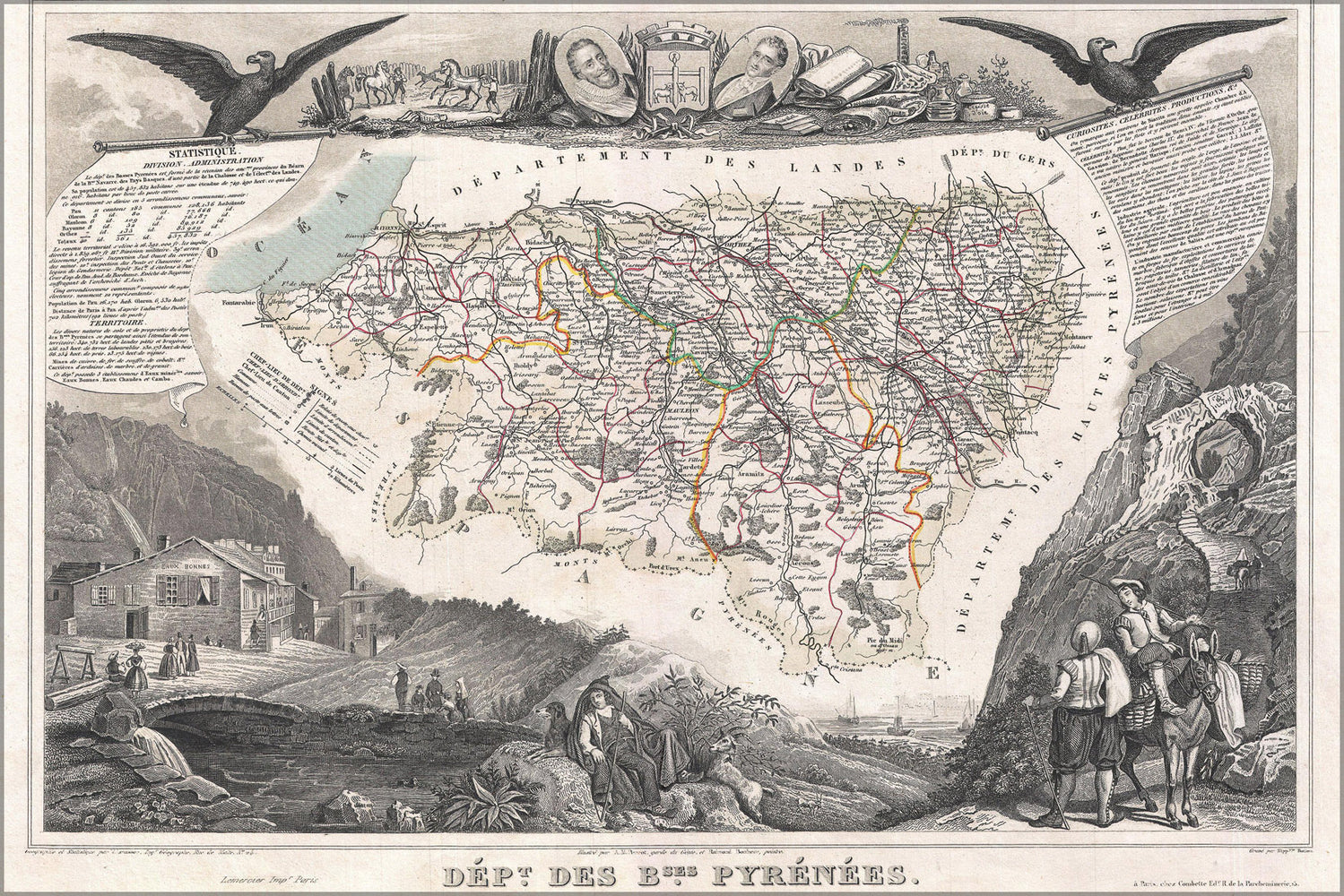 24"x36" Gallery Poster, 1852 Levasseur Map of the Department Des Basses Pyrenees, France (Jurancon Wine Region)