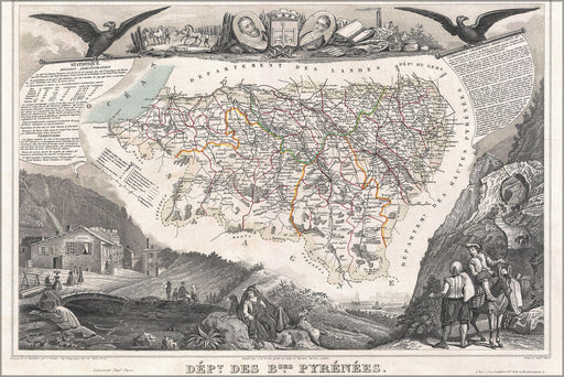 24"x36" Gallery Poster, 1852 Levasseur Map of the Department Des Basses Pyrenees, France (Jurancon Wine Region)