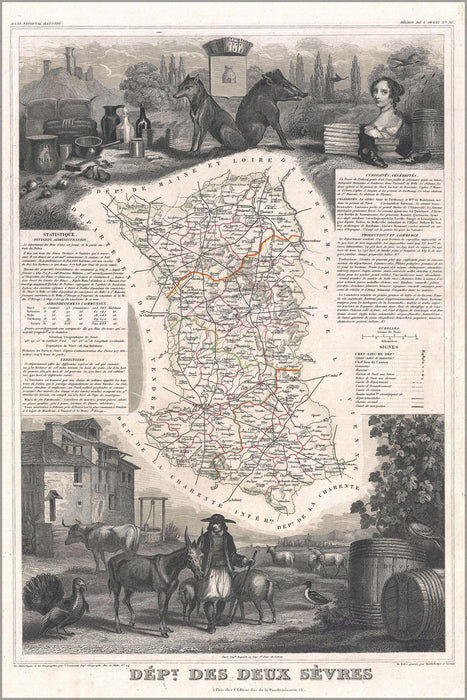 24"x36" Gallery Poster, 1852 Levasseur Map of the Department Des Deux Sevres, France (Chabichou Cheese Region)
