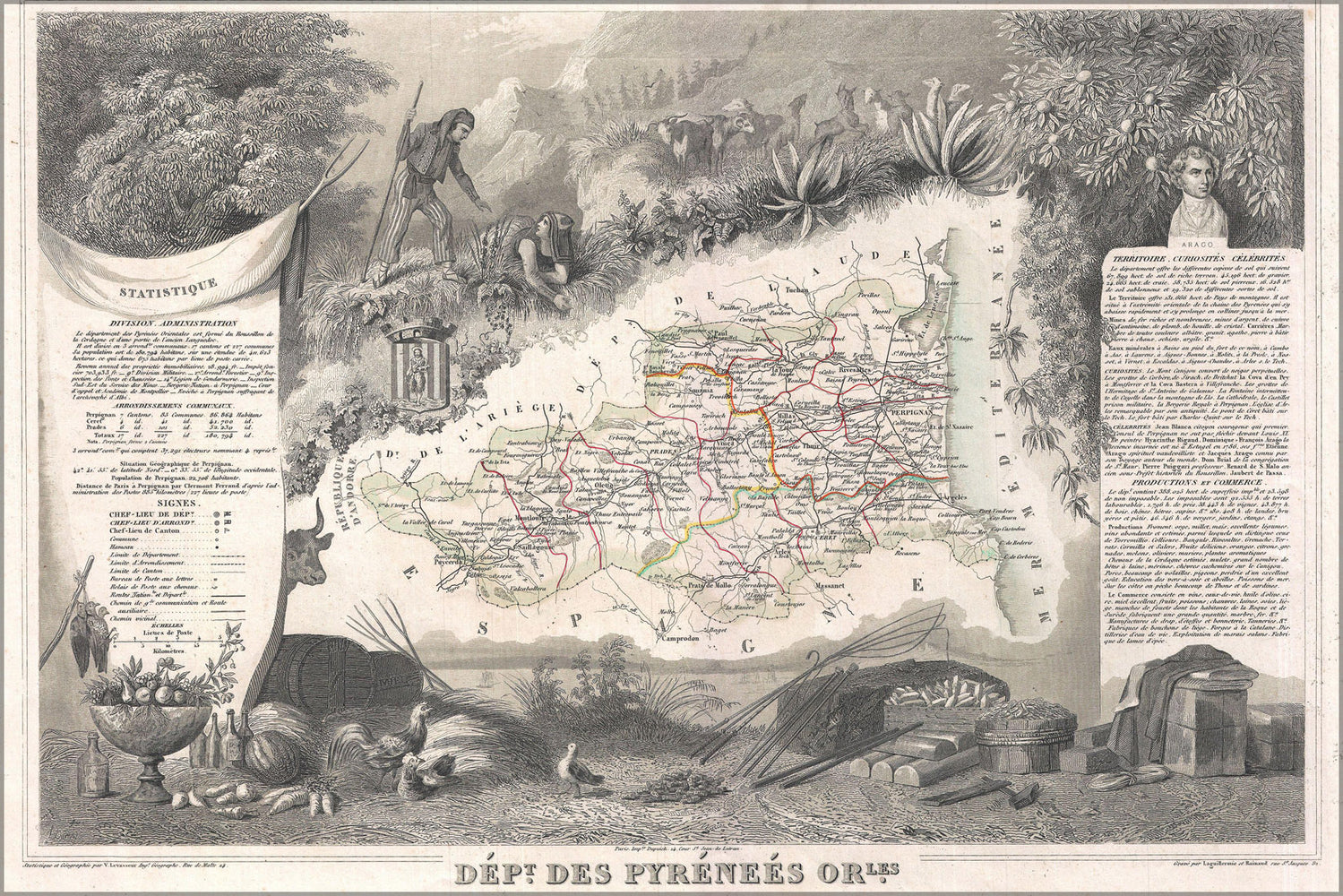 24"x36" Gallery Poster, 1852 Levasseur Map of the Department Des Pyrenees Orientales, France (Muscat Wine Region)