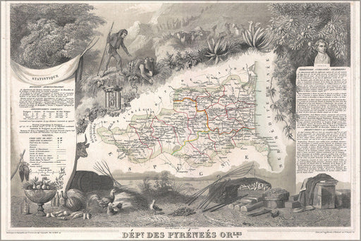 24"x36" Gallery Poster, 1852 Levasseur Map of the Department Des Pyrenees Orientales, France (Muscat Wine Region)