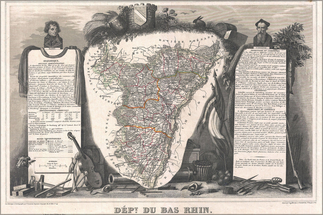 24"x36" Gallery Poster, 1852 Levasseur Map of the Department Du Bas Rhin, France (Strasbourg, Alsace Wine Region)