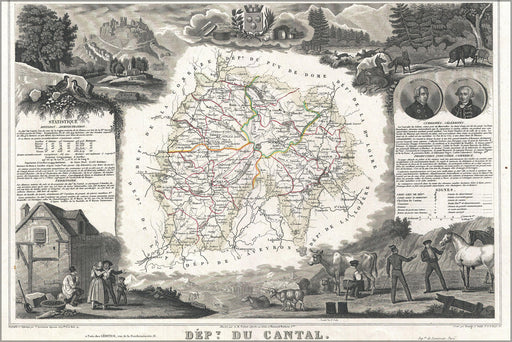 24"x36" Gallery Poster, 1852 Levasseur Map of the Department Du Cantal, France (Cantal Cheese Region)