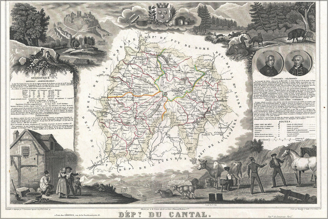 24"x36" Gallery Poster, 1852 Levasseur Map of the Department Du Cantal, France (Cantal Cheese Region)