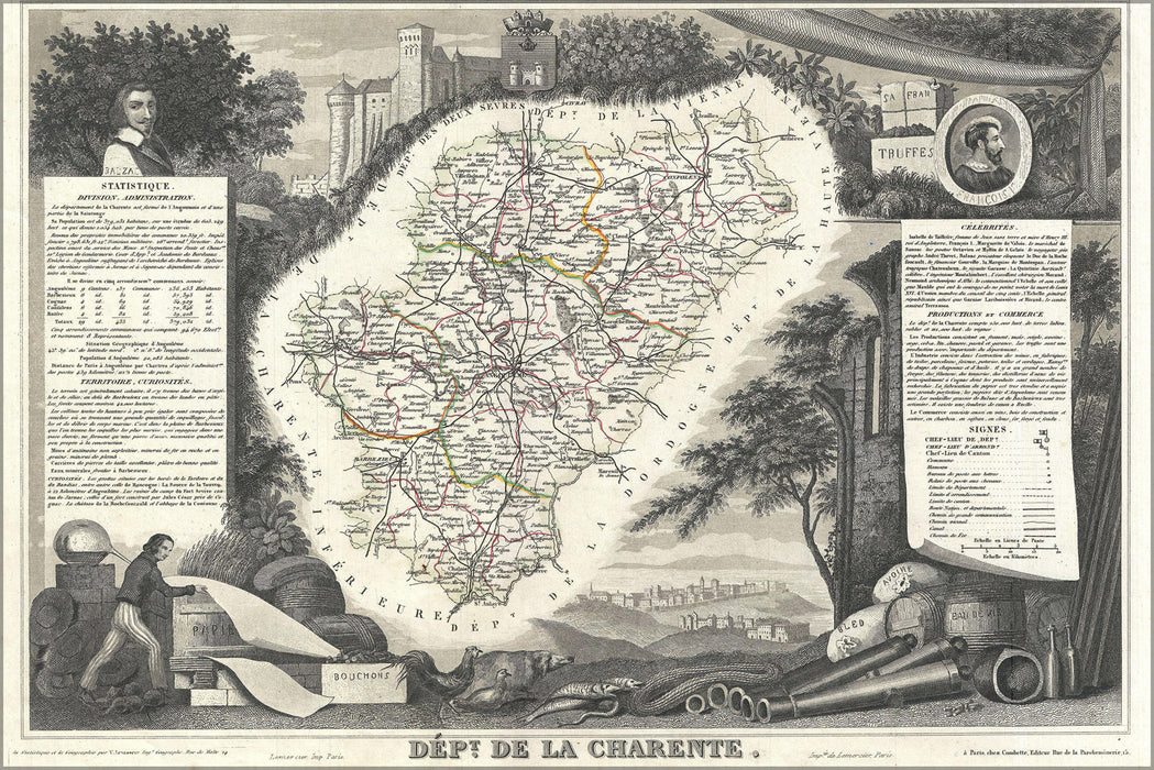 24"x36" Gallery Poster, 1852 Levasseur Map of the Department La Charente, France (Cognac and Pineau Wine Region)